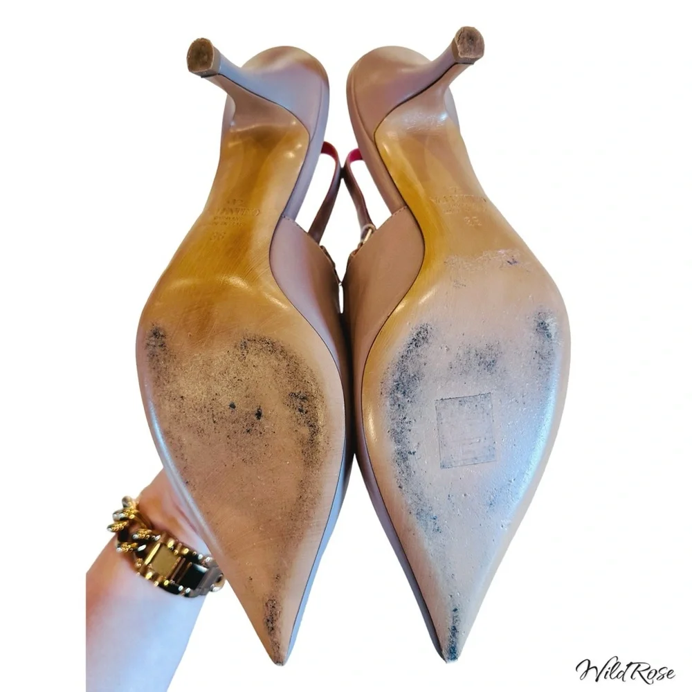 VALENTINO GARAVANI Nude Valentino V Logo Silver Chain Detail Slingback Pumps 36 - Picture 12 of 17